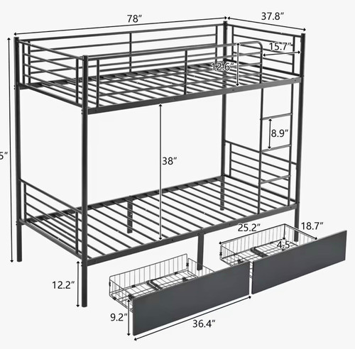 Black metal single bunk bed - metal,